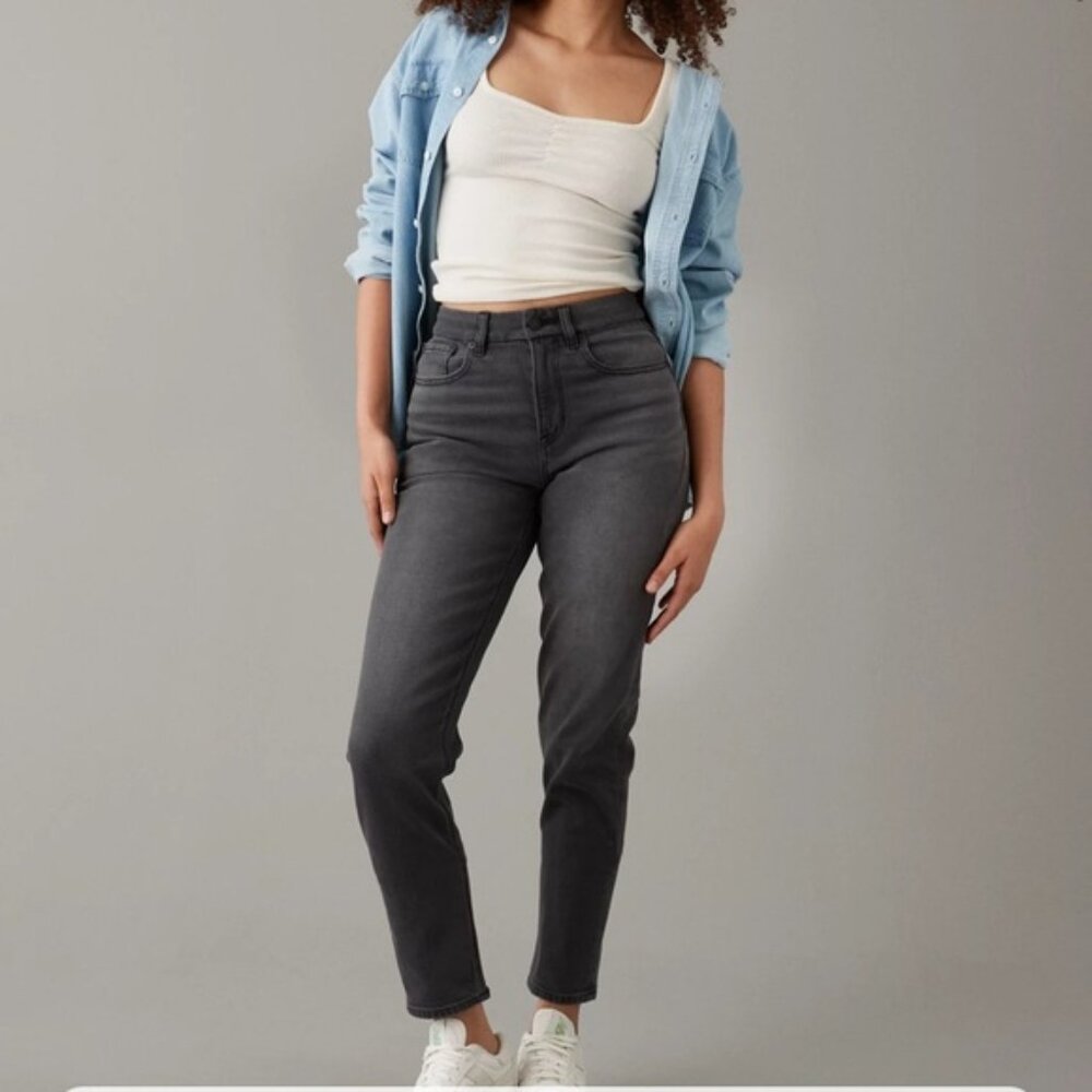 American Eagle Stretch Curvy Hi Rise Charcoal Black Mom Jean